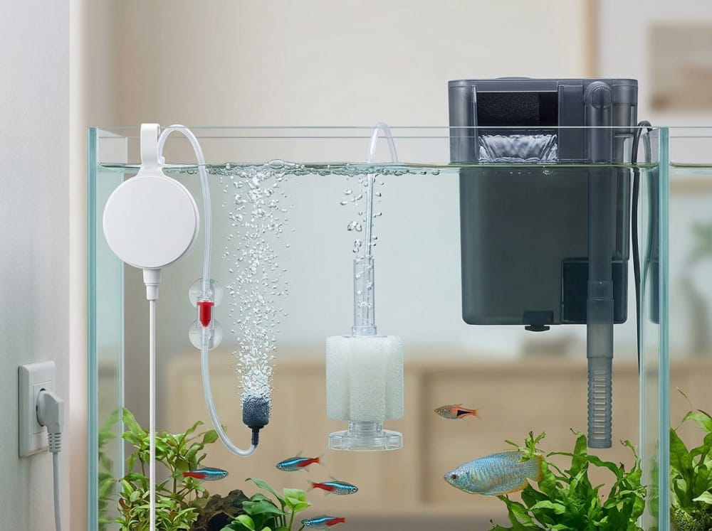 Technik kompakter Luftpumpen in Deutschland — supporting aquarium detail