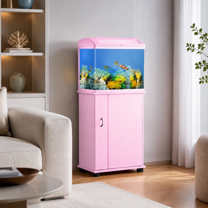 Gebogenes Glasfischbecken WK047 mit Unterschrank und LED-Beleuchtung, Modell WK047, Funktionsbild für Händler und Beschaffungsteams von Aquarien