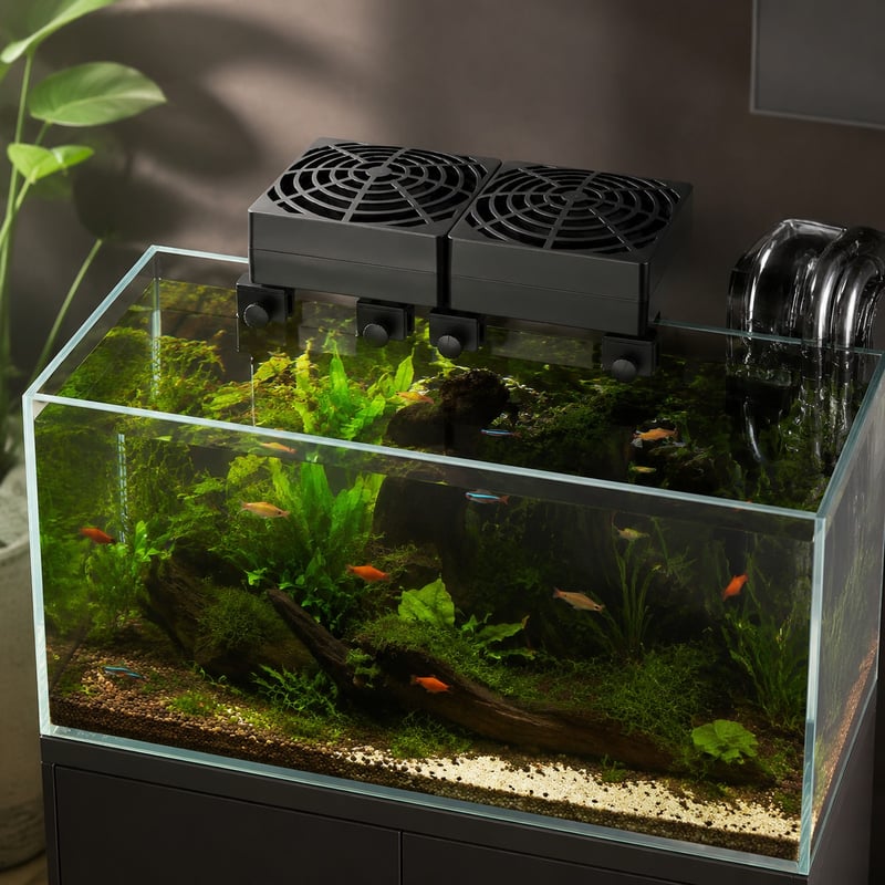 Funktionsbild des aufsteckbaren Aquarienkühlventilators mit zwei Köpfen WK061 für Aquarien, Modell WK061, für Händler und Beschaffungsteams von Aquarienausrüstung