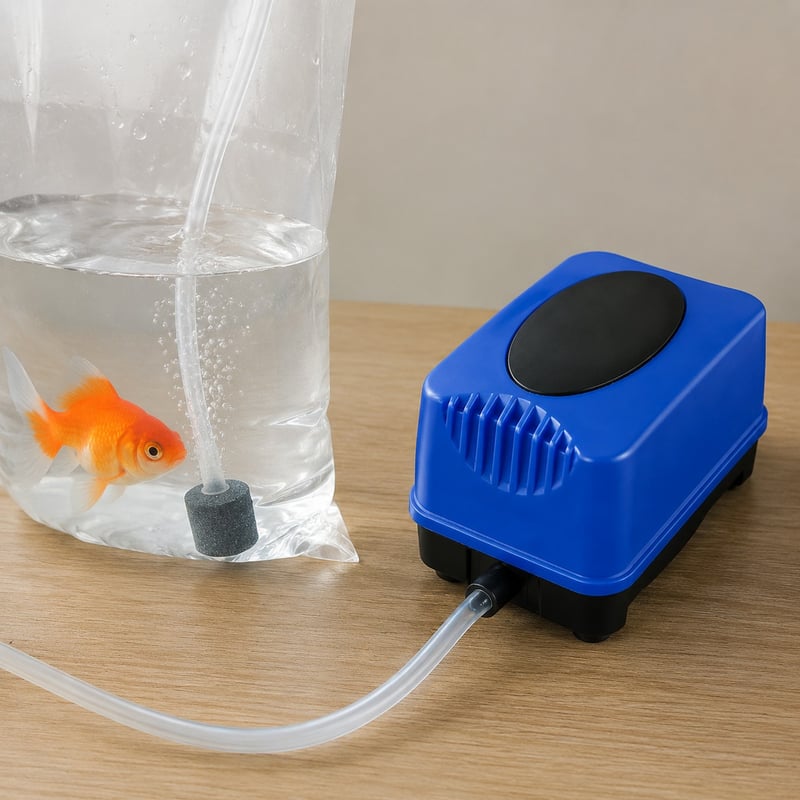 Funktionsbild der leisen, wiederaufladbaren Aquarium-Luftpumpe WK070, Modell WK070, für Händler und Beschaffungsteams im Bereich Aquarientechnik