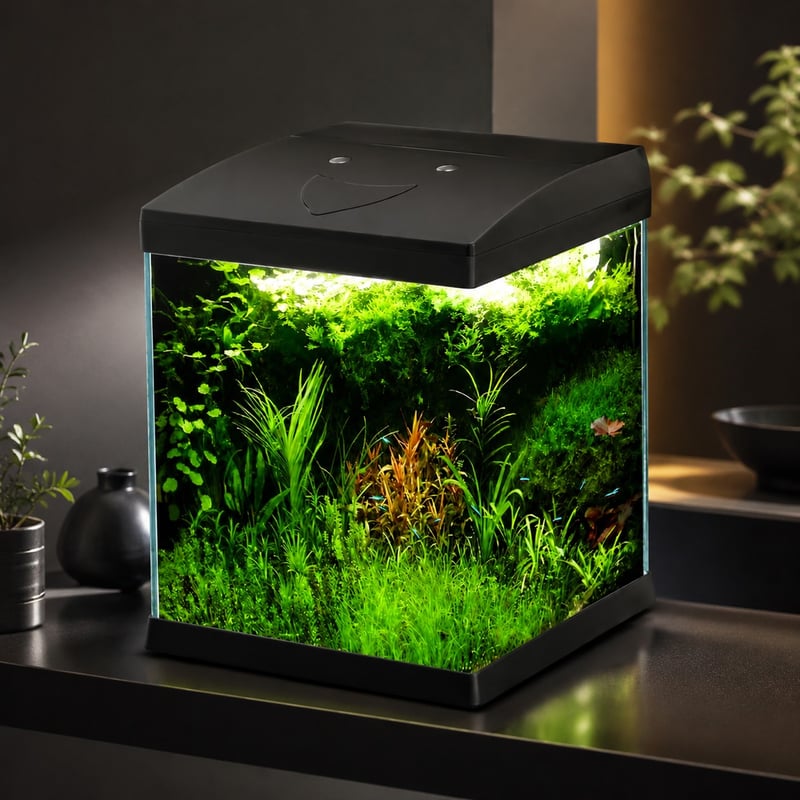 Funktionsbild des randlosen Mini-Glas-Aquariums WK072 mit LED-Beleuchtung, Modell WK072, für Aquarien-Distributoren und Beschaffungsteams