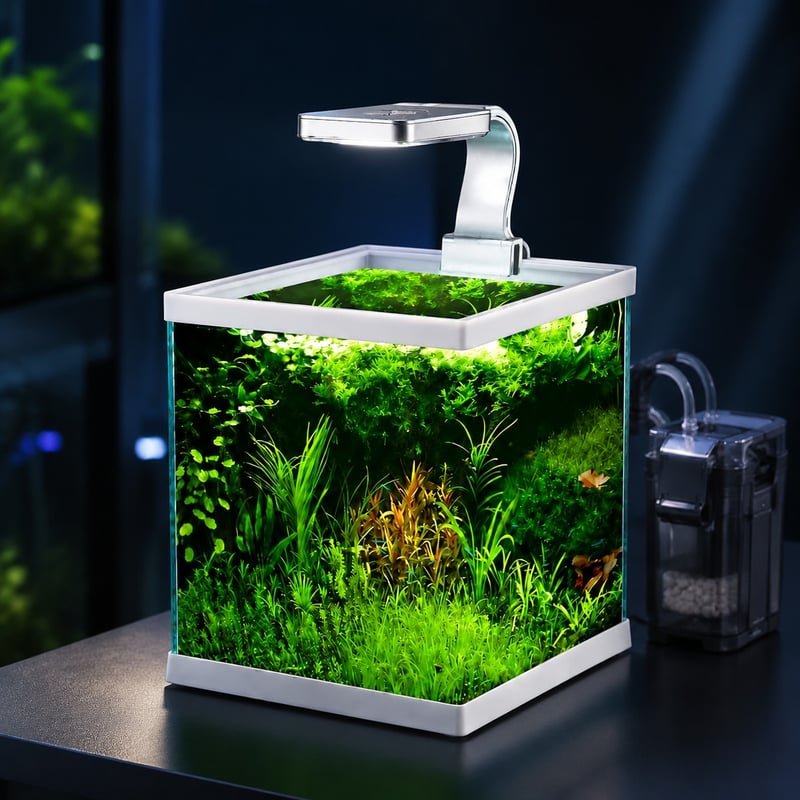 Leistungsbild des offenen, rahmenlosen Mini-Aquariums WK076 mit LED-Leuchte, Modell WK076, für Händler und Beschaffungsteams im Bereich Aquarien