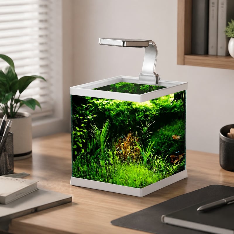 Funktionsbild des offenen, rahmenlosen Mini-Aquariums WK076 mit LED-Leuchte, Modell WK076, für Händler und Beschaffungsteams im Bereich Aquarien