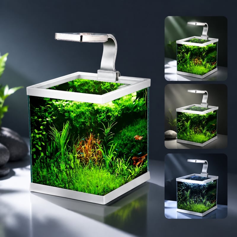 Vorteilsbild des offenen, rahmenlosen Mini-Aquariums WK076 mit LED-Leuchte, Modell WK076, für Händler und Beschaffungsteams im Bereich Aquarien