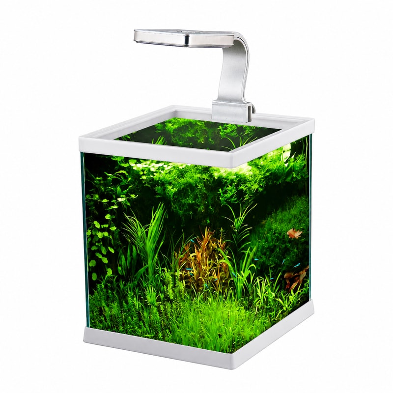 WK076 Offenes Mini-Glasaquarium ohne Rahmen mit LED-Beleuchtung für den Großhandel, OEM- und Händlerbelieferung von Aquarien