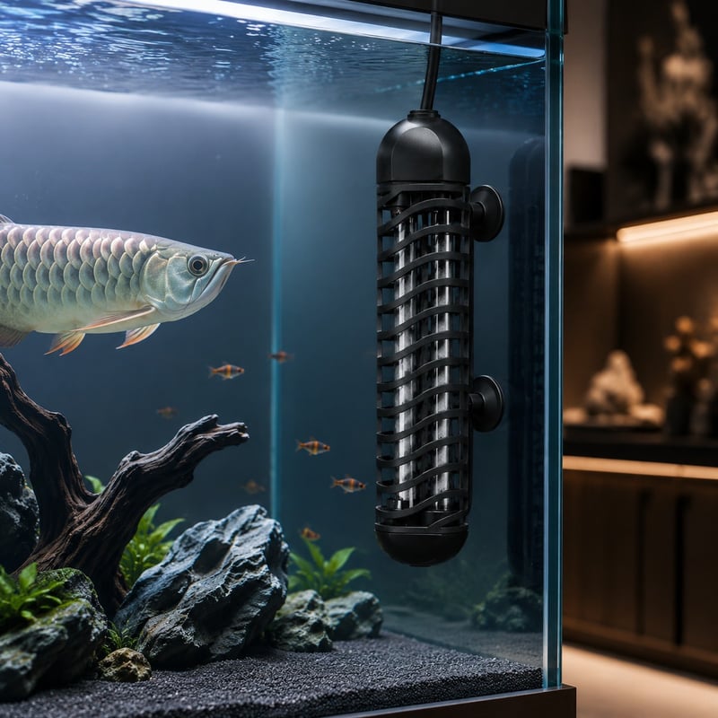 WK077 Digitaler Arowana-Aquarienheizer mit geteiltem Aufbau, Modell WK077, Funktionsbild für Vertriebspartner und Beschaffungsteams im Bereich Aquarientechnik
