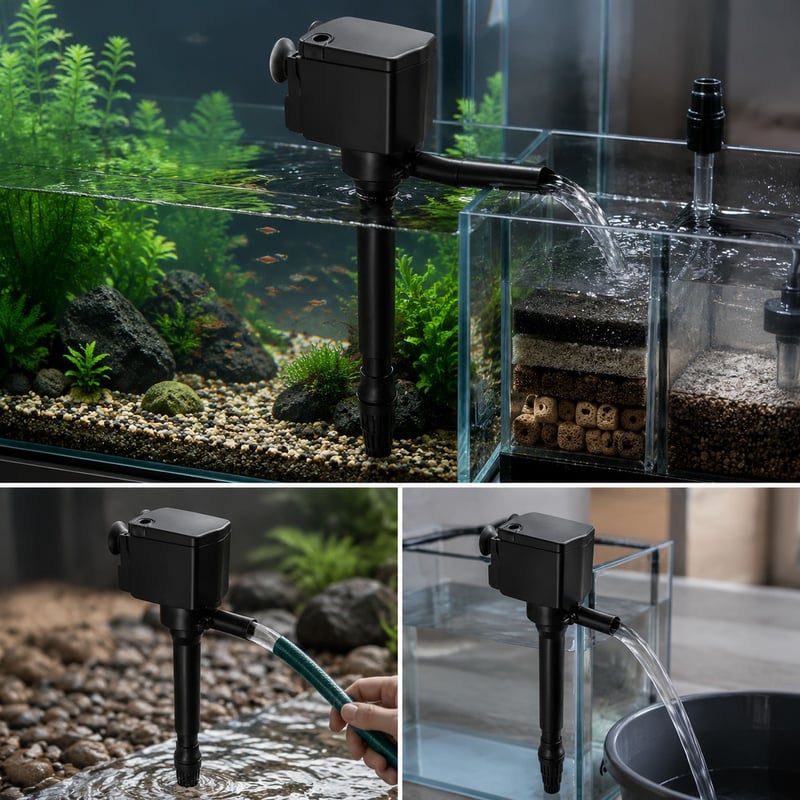 WK082 3-in-1-Tauchwasserpumpe für Aquarien, Modell WK082, Funktionsbild für Händler und Beschaffungsteams von Aquarienausrüstung