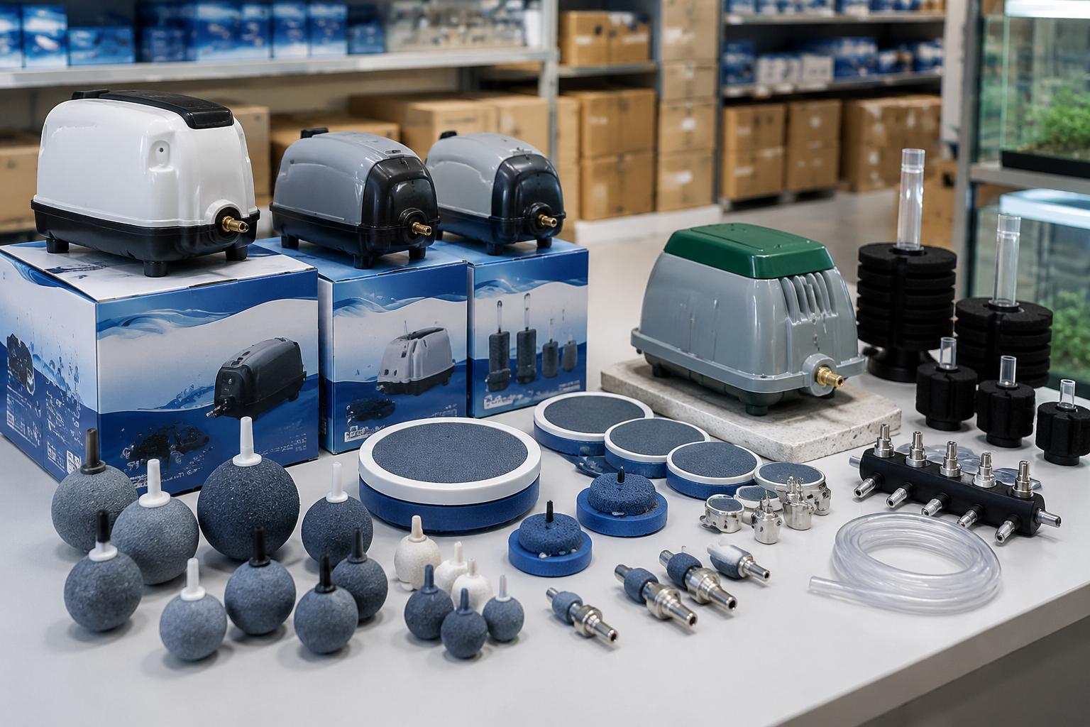 Produktpalette von WKAQOO mit Aquarienluftpumpen und Zubehör für die OEM-Sortimentsplanung und Private-Label-Beschaffung für Aquariengroßhändler sowie OEM- und Vertriebskunden