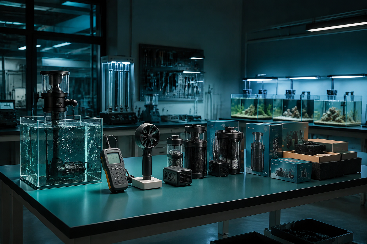 Qualitätsprüfungs- und Testbereich im WKAQOO-Werk für die Fertigungskontrolle von Aquarientechnik für Aquariengroßhändler sowie OEM- und Vertriebskunden