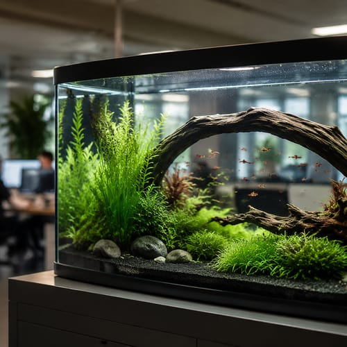 WKAQOO Präsentationsszene mit Treibholz in einem bepflanzten Aquarium zur Bewertung von Aquariendekorationen und Lifestyle-Merchandising für Aquariengroßhandel, OEM- und Vertriebskunden