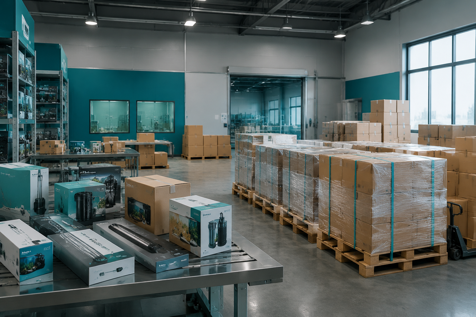 Verpackungs- und Versandvorbereitungsbereich der WKAQOO-Fabrik für die Exportkoordination von Aquarium-OEM-Aufträgen für Großhandels-, OEM- und Distributor-Käufer im Aquarienbereich